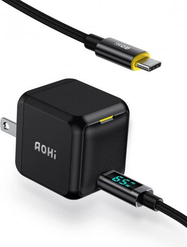 AOHI 65W PD USB C Charger, GaN+ Magcube Mini Fast Wall Charger Power Adapter with 4ft USB C to USB C LED Display Cable for Notebook MacBook Pro/Air, Galaxy S22/S21, iPhone 14/Plus/Pro Max/13/12, Black