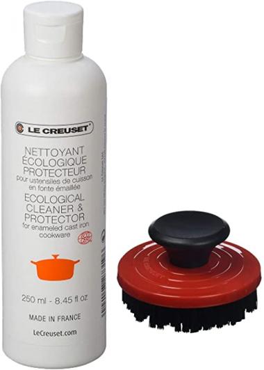 Le Creuset 2-Piece Cleaning Set, Nylon Brush Kitchen Product, 3.25", Cerise with Enameled Cast Iron 8.45 fl. oz. Cookware Cleaner