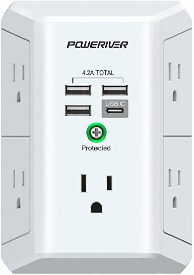 USB Wall Charger, POWERIVER Multi Outlet Extender Surge Protector with 4 USB Ports (1 USB C, 4.2A Total) 1680J Power Strip Multi Plug Wall Outlet Adapter Spaced for Home School Office, ETL Listed