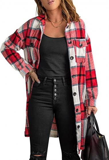 KIRUNDO Women's Flannel Plaid Shirts Jacket Shacket Coats Casual Boyfriend Button Down Shirts Long Sleeve Blouses Tops