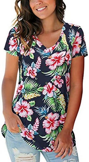 SAMPEEL Summer Floral Tops for Women Classic V Neck Tshirts Short Sleeve Cute Tops