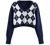 ZAFUL Women's Long Sleeve V-Neck Argyle Knitted Crop Sweater Pullover Tops