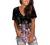 Womens Tops Summer V Neck T Shirt Rolled Sleeve Side Split Casual Short Sleeve Printing Tee Tops Loose Workout Tops