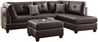 Poundex F6973 Bobkona Viola Faux Leather Left or Right Hand Chaise Sectional Set with Ottoman (Pack of 3), Espresso