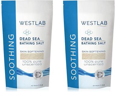 Westlab Pure, Unscented Dead Sea Salts (2x 2.2lb resealable bag 4.4lb) for all natural treatment of Psoriasis, Eczema, Acne, Dry skin. Relaxes aching muscles. 100% Pure and Certified mineral content.