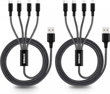 SDBAUX Multi USB Charging Cable 2Pack/4FT, 3A 4 in1 Fast Charger Cord Connector with Dual IP/Type C/Micro USB Port Adapter, Compatible with Tablets/Mobile Phone and More