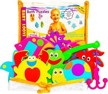 Foam Bath Toys - 100% Non-Toxic Floating Puzzles Animals - Early Learning Bathtub Toy - Fun Educational Geometric Shapes for Toddlers Kids Boys Girls - Free Bath Toy Organizer & Fishing Rod