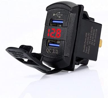 Switchtec Quick Charge 3.0 Dual USB Rocker Switch Style Charger RED Voltmeter for Boats, Polaris, RZR 1000, Ranger, Mobile Home, RV, Can Am Spyders, Can Am Maverick, Can AM SxS, Golf Cart