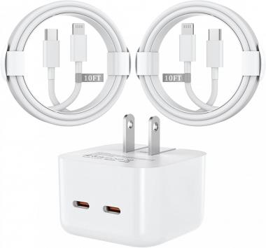 [Apple MFi Certified] iPhone Fast Charger, 35W Dual USB-C Wall Charger Foldable Portable Travel Plug with 2 Pack 10 FT Long Type C to Lightning Cable for iPhone 14 13 12 11 Pro Max XS XR X 8 iPad