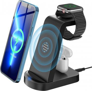 3 in 1 Wireless Charging Station, KOOPAO 18W Fast Portable Wireless Charger Dock Stand Multiple Devices, Compatible with iPhone 12/13/11 Pro Max/X/XS/XR/8/8 Plus, iWatch and iPods Series with Adapter