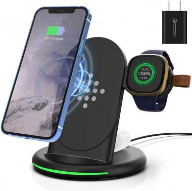 3 in 1 Wireless Charger, for Fitbit Sense Fitbit Versa 3、iPhone 13/Pro/Pro Max/Mini/12/11、Samsung Galaxy/S/Note Phones、AirPods 2/3/Pro，Fitbit Watch Charging Module Removable (with QC3.0 Adapter)