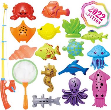 CozyBomB Kids Fishing Bath Toys Game - 17Pcs Magnetic Floating Toy Magnet Pole Rod Net, Plastic Floating Fish - Toddler Education Teaching and Learning Colors (New)