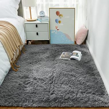 Ophanie Grey Rugs for Bedroom, Fluffy Shag Fuzzy Soft Carpet, Plush Shaggy Bedside Area Rug, Indoor Floor Living Room Carpet for Kids Boys Teen Dorm Home Decor Aesthetic, Nursery, 4 x 5.3 Feet Gray