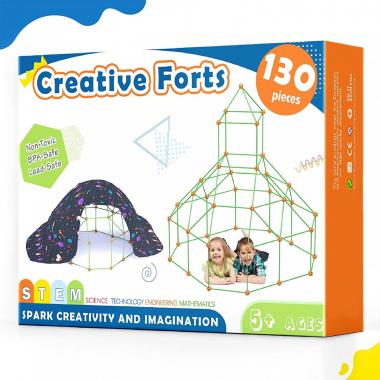 Tiny Land Kids-Fort-Building-Kit-130 Pieces-Creative Fort Toy for 5,6,7,8 Years Old Boy & Girls-STEM Building Toys DIY Castles Tunnels Play Tent Rocket Tower Indoor & Outdoor