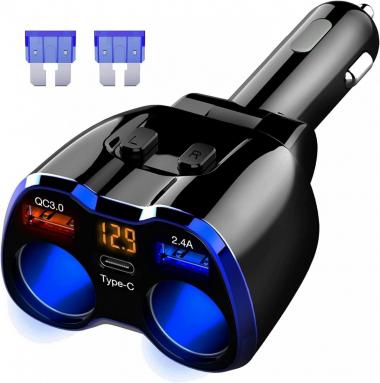 Car Charger, 150W 2-Socket Cigarette Lighter Splitter QC 3.0 Dual USB Ports 1 USB C Fast Car Adapter with Separate Switch LED Voltmeter Replaceable 15A Fuse for GPS/Dash Cam/Phone/iPad