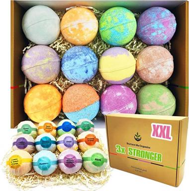 XL Bath Bombs Gift Set. Pack of 12 Huge 5 oz Organic Bath Bombs for Dry Skin Moisturize Spa Bath Fizzers. Great Gift Idea for Wife, Mother, Girlfriend, Birthdays, Holidays & More!