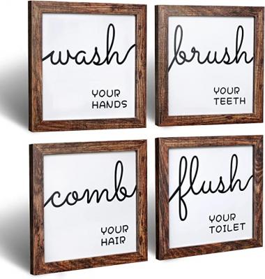 Q.Hou Bathroom Wall Decor Set of 4, Rustic Wood Farmhouse Bathroom Decor Wall art, Bathroom Signs Decor(QH-BD8X8-BR2)