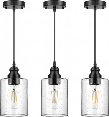 3-Pack Industrial Pendant Lights, Seeded Glass Pendant Lamp Shade, Modern Indoor Hanging Light Fixtures, Black Farmhouse Ceiling Light for Hallway Porch Corridor Kitchen Bedroom, Bulb Not Included