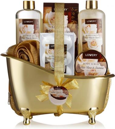 Christmas Gifts, Home Spa Gift Basket, Luxury 13pc Bath & Body Set For Men & Women, White Rose & Jasmine Scent - Shower Gel, Bubble Bath, Body Scrub, Salts, 6 Bath Bombs, Pouf, Cosmetic Bag & Gold Tub