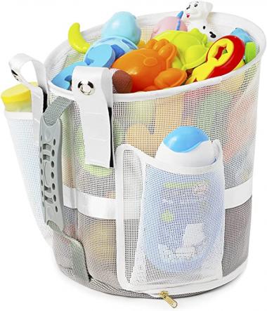 Quick Scoop Mesh Bath Toy Organizer for Tub with YKK Zipper，Multiple Ways to Hang, Ultra Large Capacity & Large Opening, Bathroom Toy Holder, Baby Bath Toys Storage Bag with 2 Side Pockets ( White )