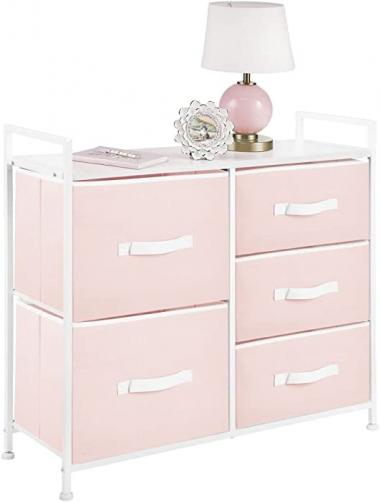 mDesign Storage Dresser Furniture Unit - Large Standing Organizer Chest for Bedroom, Office, Living Room, and Closet - 5 Drawer Removable Fabric Bins - Pink/White