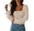 CNJFJ Women's Sexy Frill Smock Crop Top Retro Square Neck Long Sleeve Shirred Blouse Tops