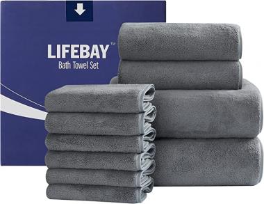 Lifebay Microfiber Bath Towels Set, 10-Piece Ultra Soft Towels for Bathroom, Absorbent Microfiber Towels for Body, Quick Dry Towel Sets for Bathroom, Beach, Pool, Gym, Yoga(10-Piece, Ultimate Gray)