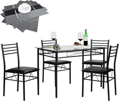 VECELO Dining Table with 4 Chairs [4 Placemats Included, Black