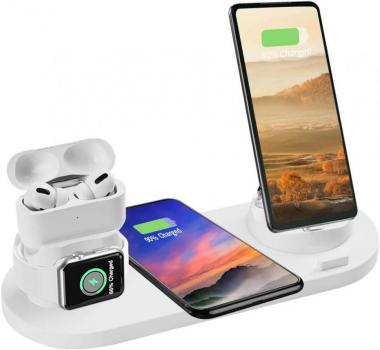 6 in 1 Charger Station Compatible with iPhone/Android/Type-C, Aqonsie Qi Fast Wireless Charging Dock Stand for Apple Watch/AirPods Pro/AirPods/iPhone/Samsung/Huawei/HTC/LG Christmas (White)