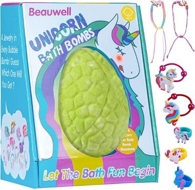 Easter Egg Unicorn Bath Bombs for Kids with Jewelry Inside,Easter Basket Stuffers,Gentle and Kid Safe Bubble Bath Fizzies,Ages 3 4 5 6 7 8 9 Year Old Boys and Girls Gifts,Ideal Birthday (Green Apple)