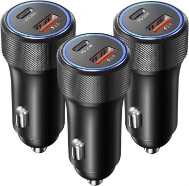 USB C Car Charger, OKRAY 3-Pack 36W Fast Charging Dual Port PD3.0&QC3.0 USB Type C Car Charger Cigarette Lighter Adapter with LED Compatible with iPhone 14/13/12/11, Galaxy S22 S21 Note 20 10 (Black)