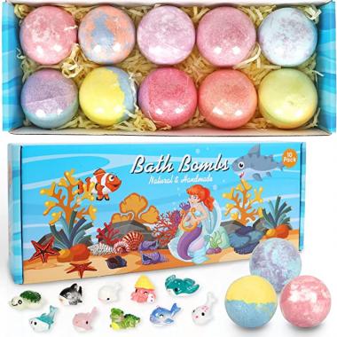 Bath Bombs with Toys Inside for Kids, Set of 10 Organic Kids Bath Bombs Fizzies with Organic Natural Essential Oil, Bubble Bath for Women Girls Boys as Christmas Birthday Gifts（Age 3 Months+)