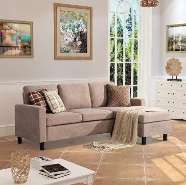 Walsunny Convertible Sectional Sofa Couch with Reversible Chaise, L-Shaped Couch with Modern Linen Fabric for Small Space(Dark Beige)