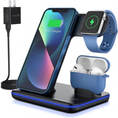 WAITIEE 3 in 1 Wireless Charger,Qi-Certified 15W Fast Charging Station for Apple iWatch Series SE/7/6/5/4/3/2,AirPods 3, Compatible with iPhone 13 Pro/Pro Max/Mini/12/11 Series/XS/XR/Samsung (Black)