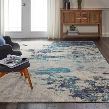 Nourison Celestial Ivory/Teal Blue 6'7" x 9'7" Area Rug, Modern, Abstract, Easy Cleaning, Non Shedding, Bed Room, Living Room, Dining Room, Kitchen, (7' x 10')