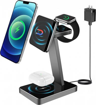 Aluminum Alloy 3-in-1 Magnetic Wireless Charger, Wireless Charging Station, 15W Fast Charging Station for Magsafe Charger Stand iPhone14/13/12Pro Max/Plus,Airpods, Apple Watch7/SE/6/5/4/3 (space grey)