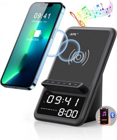 Wireless Charger for iPhone/Samsung,AFK 4 in 1 Charging Station with Bluetooth Speaker,Alarm Clock,Hands-Free Calling,Compatible with iPhone 13/12/11/Pro Max/XR/X/8 Plus,Samsung and More(Black)