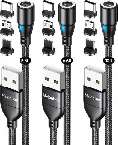 Fast Charging Magnetic Charging Cable[3-Pack, 3.3ft+6.6ft+10ft], Gen9 Melonboy Magnetic Cable 9V/2A Fast Charging and Data Transfer Magnetic Phone Charger Compatible with Micro USB, Type C…