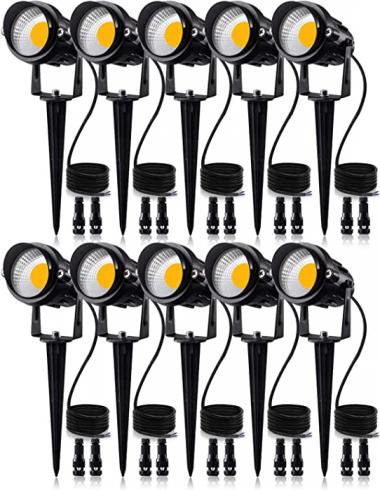 SUNVIE 12W Low Voltage LED Landscape Lights with Connectors, Outdoor 12V Super Warm White (900LM) Waterproof Garden Pathway Lights Wall Tree Flag Spotlights with Spike Stand (10 Pack with Connector)