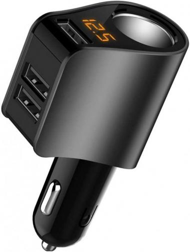 Car Charger,3 USB Cigarette Lighter Adapter,Socket Splitter and Voltage Meter,Compatible with iPhone,iPad,Apple Watch,Airpods,Samsung,LG,HTC,GPS,Android Phone (Black)