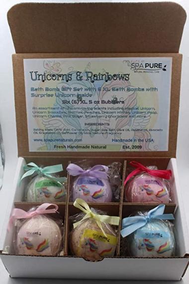 SPAPURE Unicorns and Rainbows - Bath Bomb Gift Set with 6 XL Unicorn Bath Bombs with Surprise Unicorns Inside, USA Made, Handmade, Natural Bath Bombs, Birthday Gift idea for Kids (6 Count) Pack of 1