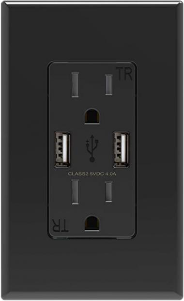 ELEGRP USB Charger Wall Outlet, Dual High Speed 4.0 Amp USB Ports with Smart Chip, 15 Amp Duplex Tamper Resistant Receptacle Plug NEMA 5-15R, Wall Plate Included, UL Listed (1 Pack, Glossy Black)