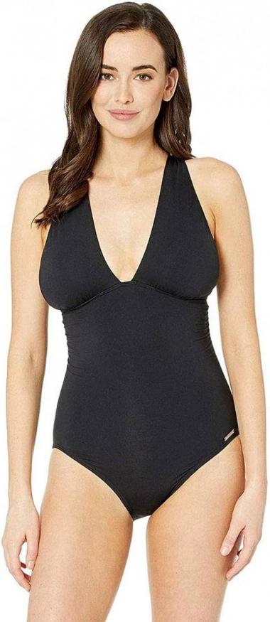 Michael Kors Urban Gypsy High Neck Shirred Cross Front One-Piece Black 8