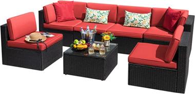 Devoko 7 Pieces Outdoor Sectional Sofa Patio Furniture Sets Manual Weaving Wicker Rattan Patio Conversation Sets with Cushion and Glass Table (Red)