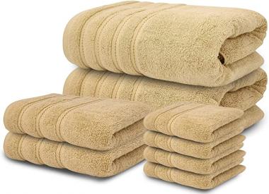 Cottex Home Luxury Bath Towels Set of 8 Oversized Bathroom Towels, Hand Towels and Washcloth with Elegant Fancy Border, Oeko-Tex Certified, Super Soft, Ideal for Home, Spa, Gym, Hotel (Champagne)