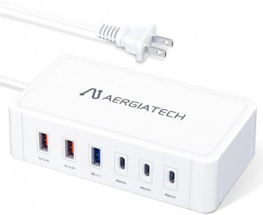 USB C Charging Station, Aergiatech 128W 6-Port USB Charger Station Multi Port USB Hub with PD3.0 65W 20W and Quick Charge 3.0 Fast Charging for MacBook Pro/Air, iPhone iPad Samsung and More-White