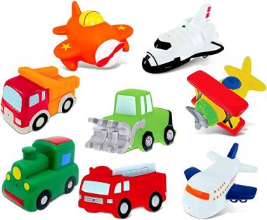 Dollibu Bath Buddies Vehicles Rubber Squirter Toys - Bulldozer, Dump Truck, Train, Fire Truck, Planes, Space Shuttle - 3 inch - for Baths, Pool, Outdoor - Baby Bathtime Learning (8pc Set)