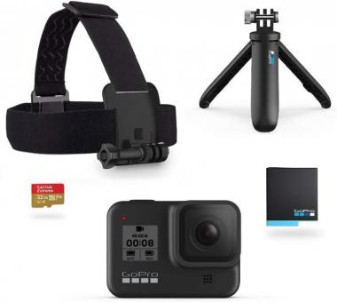 GoPro HERO8 Black Retail Bundle - Includes HERO8 Black Camera Plus Shorty, Head Strap, 32GB SD Card, and 2 Rechargeable Batteries