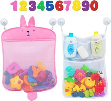 Comfylife Baby Bath Toy Organizer - Bunny (2 Bath Toy Storage Nets, 10 Toy Numbers & 10 Strong Hooks) – Great Bath Net for Kids – Cute Bathtub Toy Organizer and Bath/Shower Caddy Storage Solution