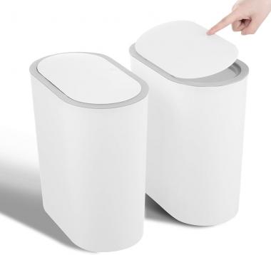 2 Pack Bathroom Trash Can with Lid, 4 Gallon/15L Narrow Garbage Can with Press Top Lid, Covered Trash Bin, Plastic Trashcan Slim Waste Basket for Kitchen, Bedroom, Office, Craft Room, Laundry, White